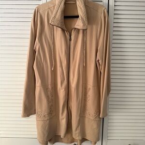 Elegant Tan Knit Zip front Sweater Tunic with Embroidery